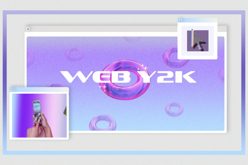 Website design incorporating purple and blue colours with Y2K aesthetic